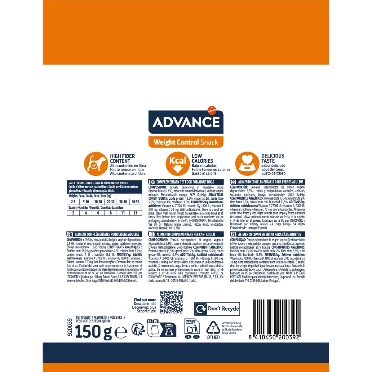 Advance Weigth Control Snack XS-XL punguță recompense câini obezitate 150g