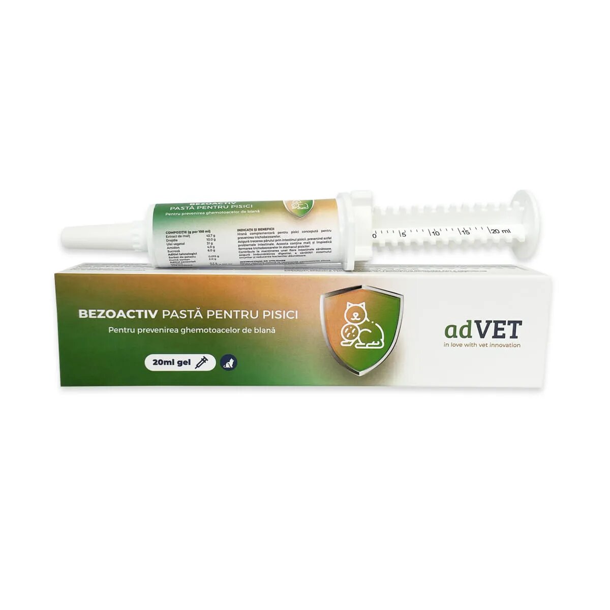 adVET BenzoActiv supliment sistem digestiv limitarea ghemurilor de blană pisici pastă orală BenzoActiv supliment sistem digestiv limitarea ghemurilor de blană pisici flacon cu aplicator 20ml pastă orală