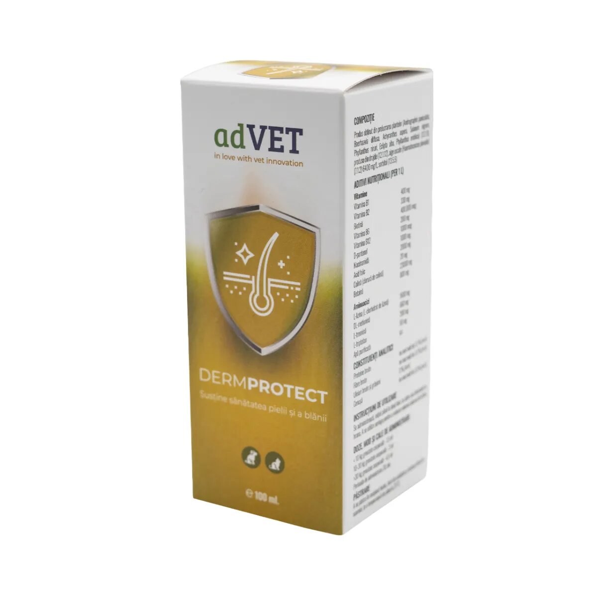 adVET DermoProtect supliment piele & blană sistem imunitar câini suspensie orală DermoProtect XS-XL supliment piele & blană sistem imunitar câini și pisici flacon cu aplicator 100ml suspensie orală