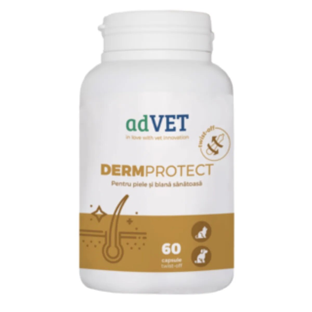 adVET DermProtect Twist Off supliment piele & blană câini capsule DermProtect Twist Off XS-XL supliment piele & blană câini și pisici flacon 60 capsule