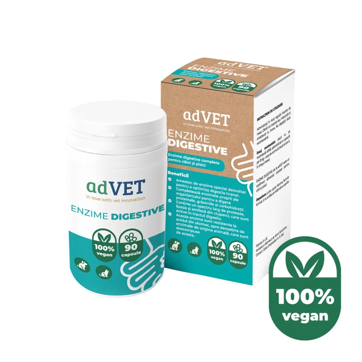 adVET Enzime Digestive supliment sistem digestiv câini capsule Enzime Digestive XS-XL supliment sistem digestiv câini și pisici flacon 90 capsule