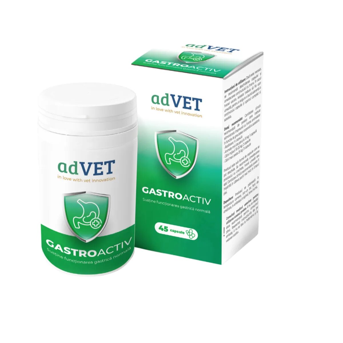 adVET GastroActiv supliment sistem digestiv câini capsule GastroActiv XS-XL supliment sistem digestiv câini și pisici flacon 45 capsule