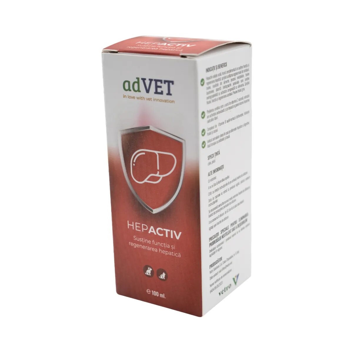 adVET HepActiv supliment sistem hepatic câini suspensie orală HepActiv XS-XL supliment sistem hepatic câini și pisici flacon cu aplicator 100ml suspensie orală