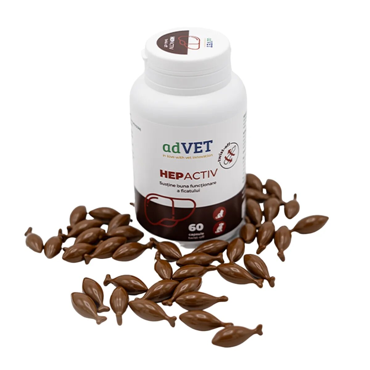 adVET HepActiv Twist Off supliment sistem hepatic câini capsule HepActiv Twist Off XS-XL supliment sistem hepatic câini și pisici flacon 60 capsule