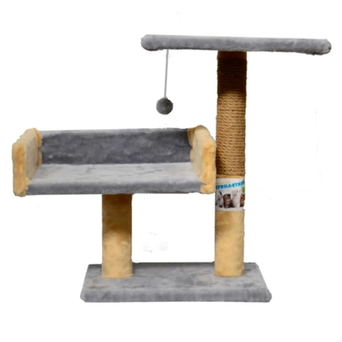 Agility Canapea ansamblu de joacă pisici 2 etaje lemn și pluș elemente de zgâriat elemente atârnate gri 70cm