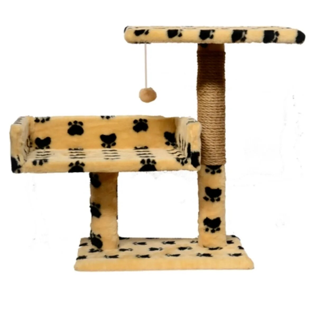 Agility Canapea ansamblu de joacă pisici 2 etaje lemn și pluș imprimeu lăbuțe elemente de zgâriat elemente atârnate bej 70cm