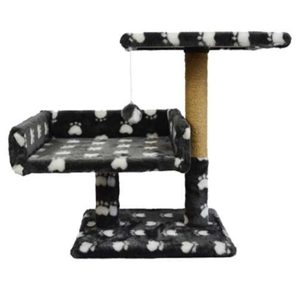 Agility Canapea ansamblu de joacă pisici 2 etaje lemn și pluș imprimeu lăbuțe elemente de zgâriat elemente atârnate negru 70cm