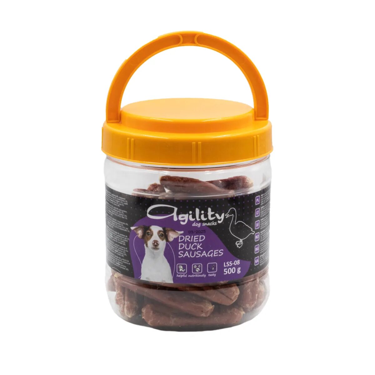 Agility Cârnăciori Uscați XS-XL Rață găletușa recompense câini 500g
