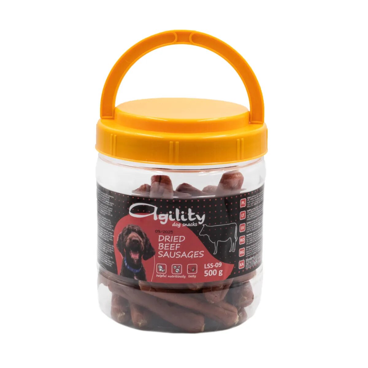Agility Cârnăciori Uscați XS-XL Vită găletușa recompense câini 500g