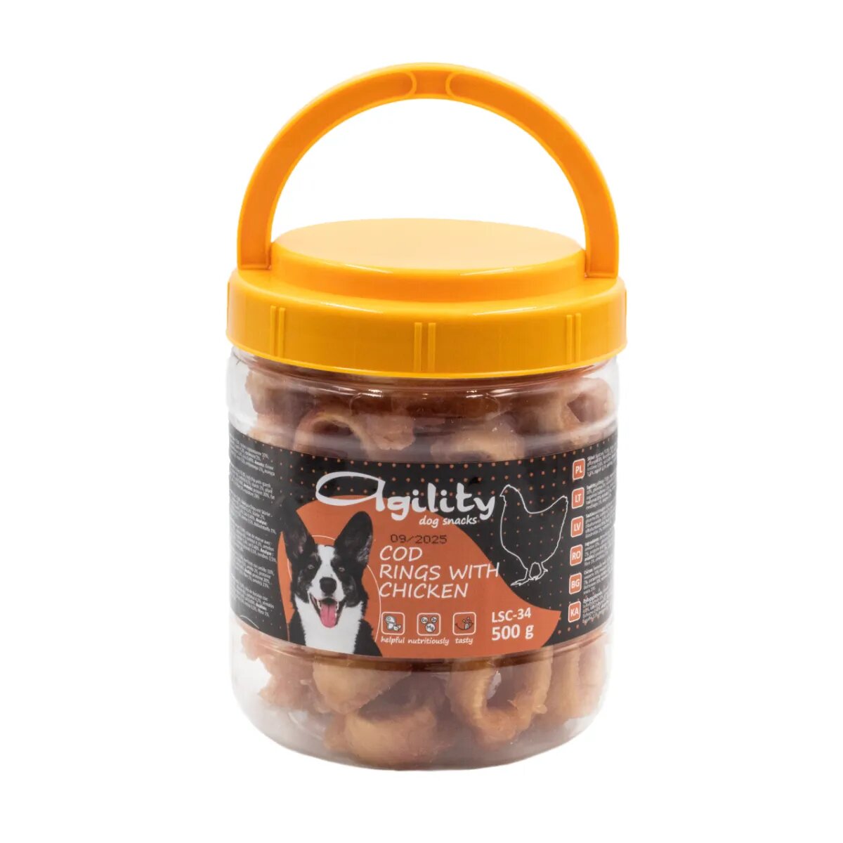 Agility Ruladă XS-XL Cod și Pui punguță recompense câini 500g