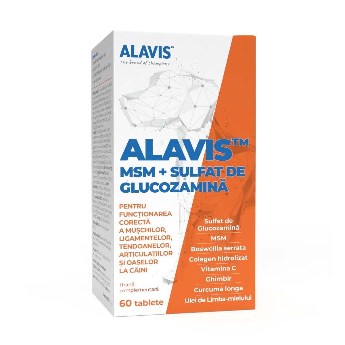 ALAVIS MSM + Sulfat de Glucozamina supliment sistem articular câini comprimate MSM + Sulfat de Glucozamina XS-XL supliment sistem articular câini flacon 60 comprimate