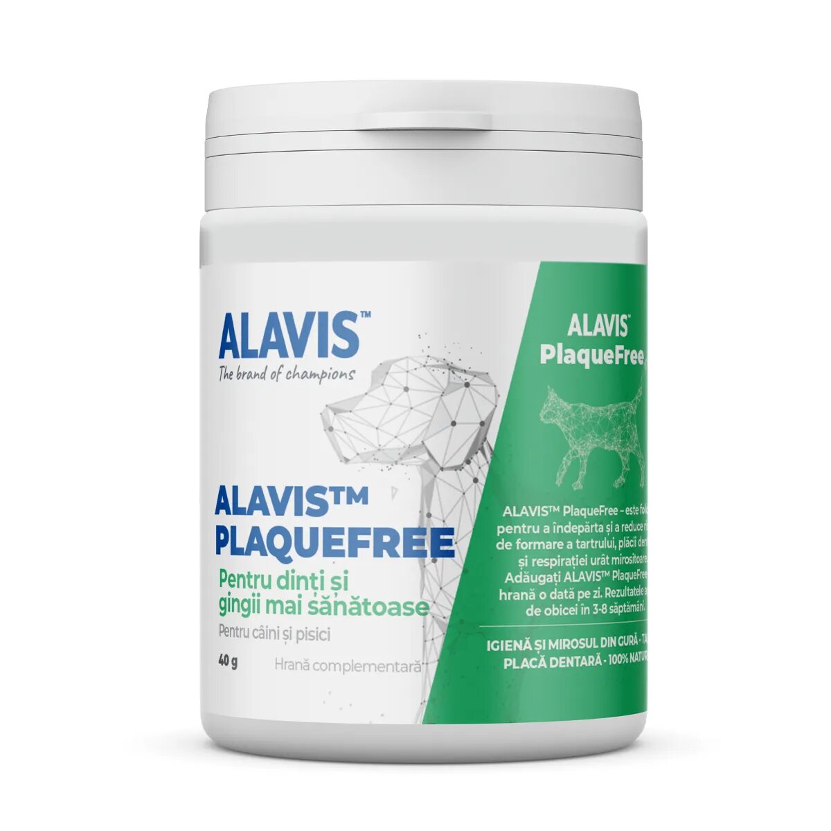 ALAVIS Plaquefree XS-XL igienă orală pudră câini și pisici antibacterian flacon 40g