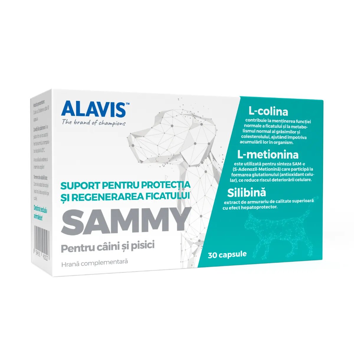 ALAVIS Sammy supliment sistem hepatic câini capsule Sammy XS-XL supliment sistem hepatic câini și pisici flacon 30 capsule