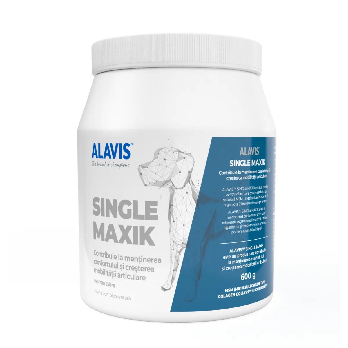 ALAVIS Single Maxik supliment sistem articular câini pudră Single Maxik M-XL supliment sistem articular câini flacon 600g pudră