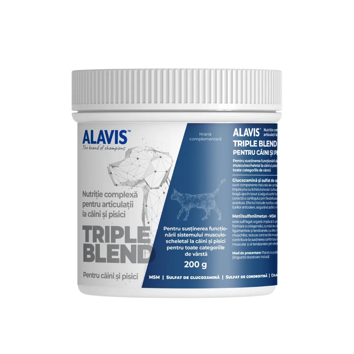 ALAVIS Triple Blend supliment sistem articular câini pudră Triple Blend XS-XL supliment sistem articular câini și pisici flacon 200g pudră