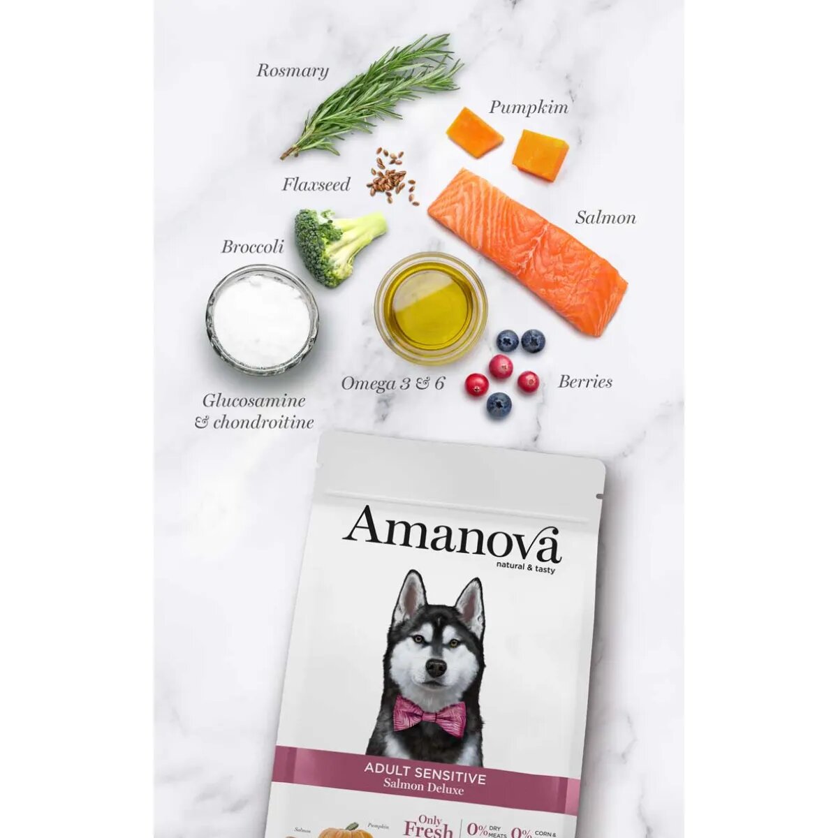 AMANOVA Adult Sensitive XS-XL Somon hrană uscată monoproteică fără cereale câini piele & blană sistem digestiv 2kg