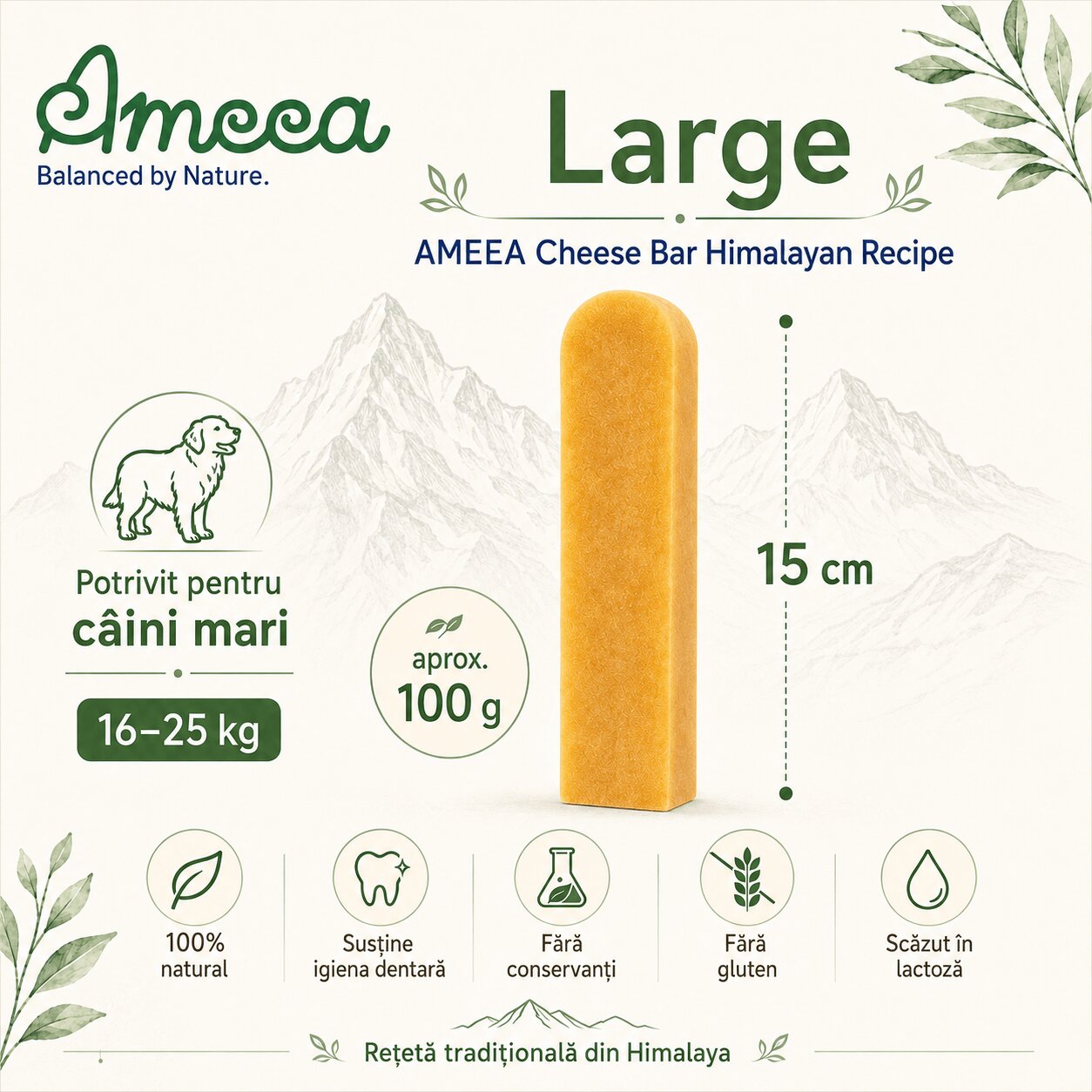 AMEEA Cheese Bar Himalayan Receipe Large L Brânză recompense fără cereale câini 100g