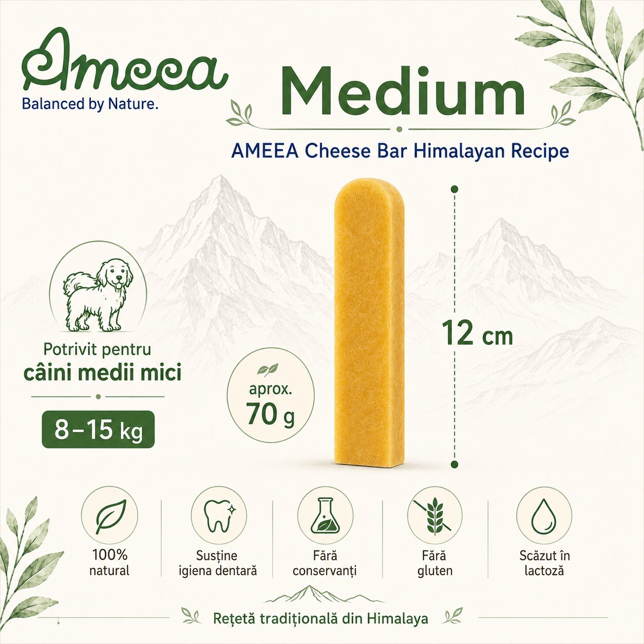 AMEEA Cheese Bar Himalayan Receipe Medium M Brânză recompense fără cereale câini 70g