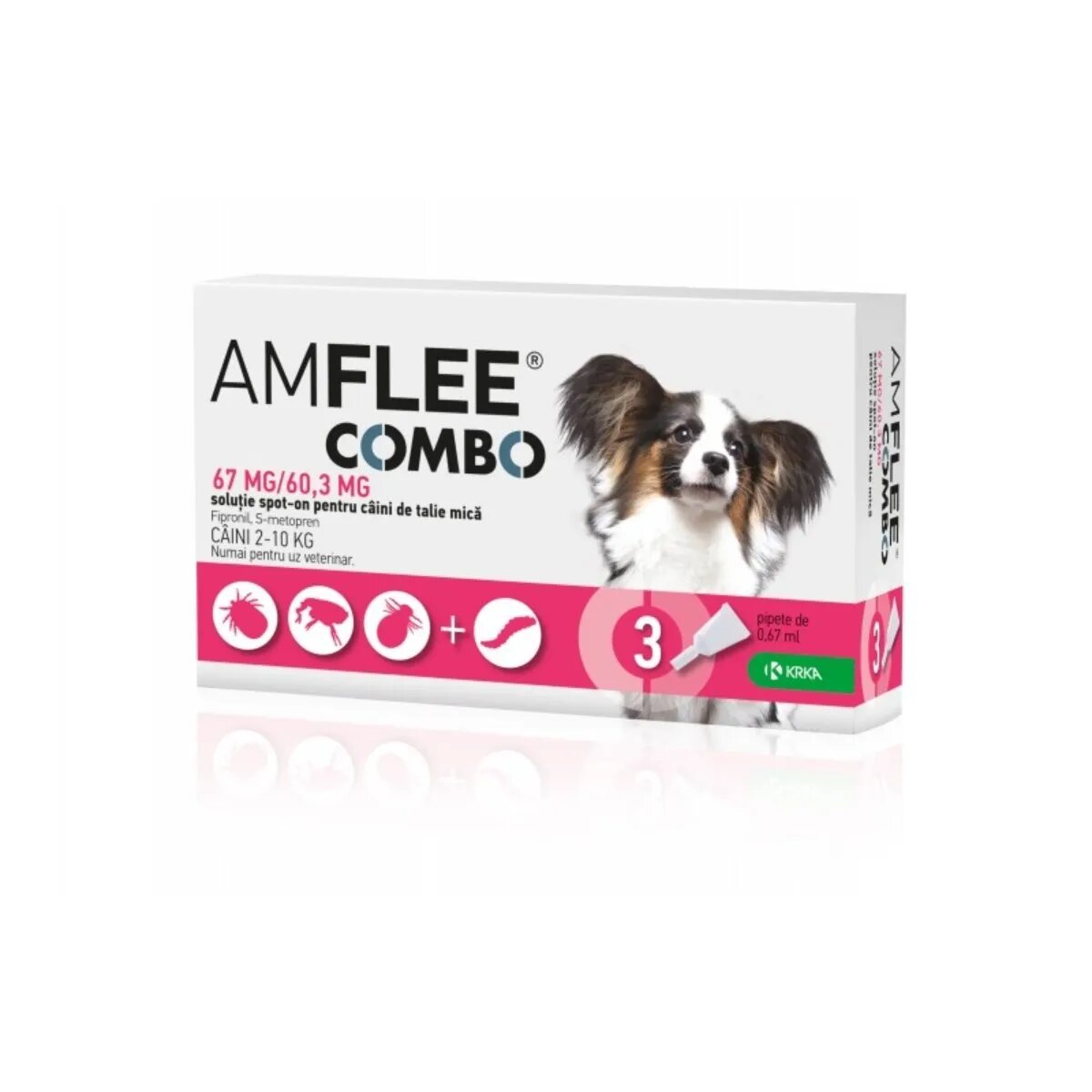 Amflee Combo Dog spot-on soluție antiparazitară câini 3 pipete Combo Dog spot-on soluție antiparazitară câini 2-10 kg 3 pipete