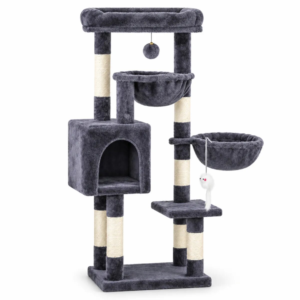 AMYDO Home Aspen ansamblu de joacă pisici 4 etaje 1 căsuța MDF și sisal elemente atârnate elemente hamac bej și antracit 45x32x105cm