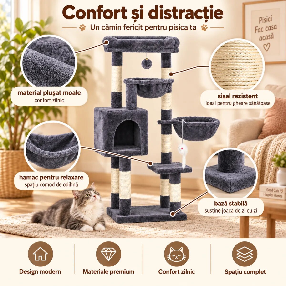 AMYDO Home Aspen ansamblu de joacă pisici 4 etaje 1 căsuța MDF și sisal elemente atârnate elemente hamac bej și antracit 45x32x105cm