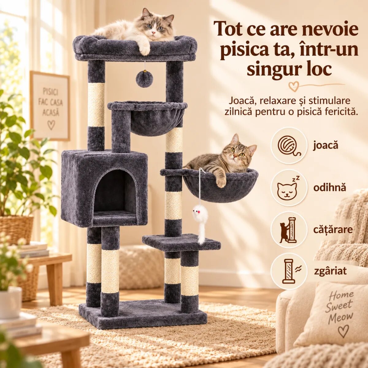 AMYDO Home Aspen ansamblu de joacă pisici 4 etaje 1 căsuța MDF și sisal elemente atârnate elemente hamac bej și antracit 45x32x105cm