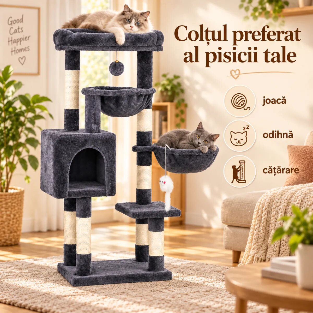 AMYDO Home Aspen ansamblu de joacă pisici 4 etaje 1 căsuța MDF și sisal elemente atârnate elemente hamac bej și antracit 45x32x105cm