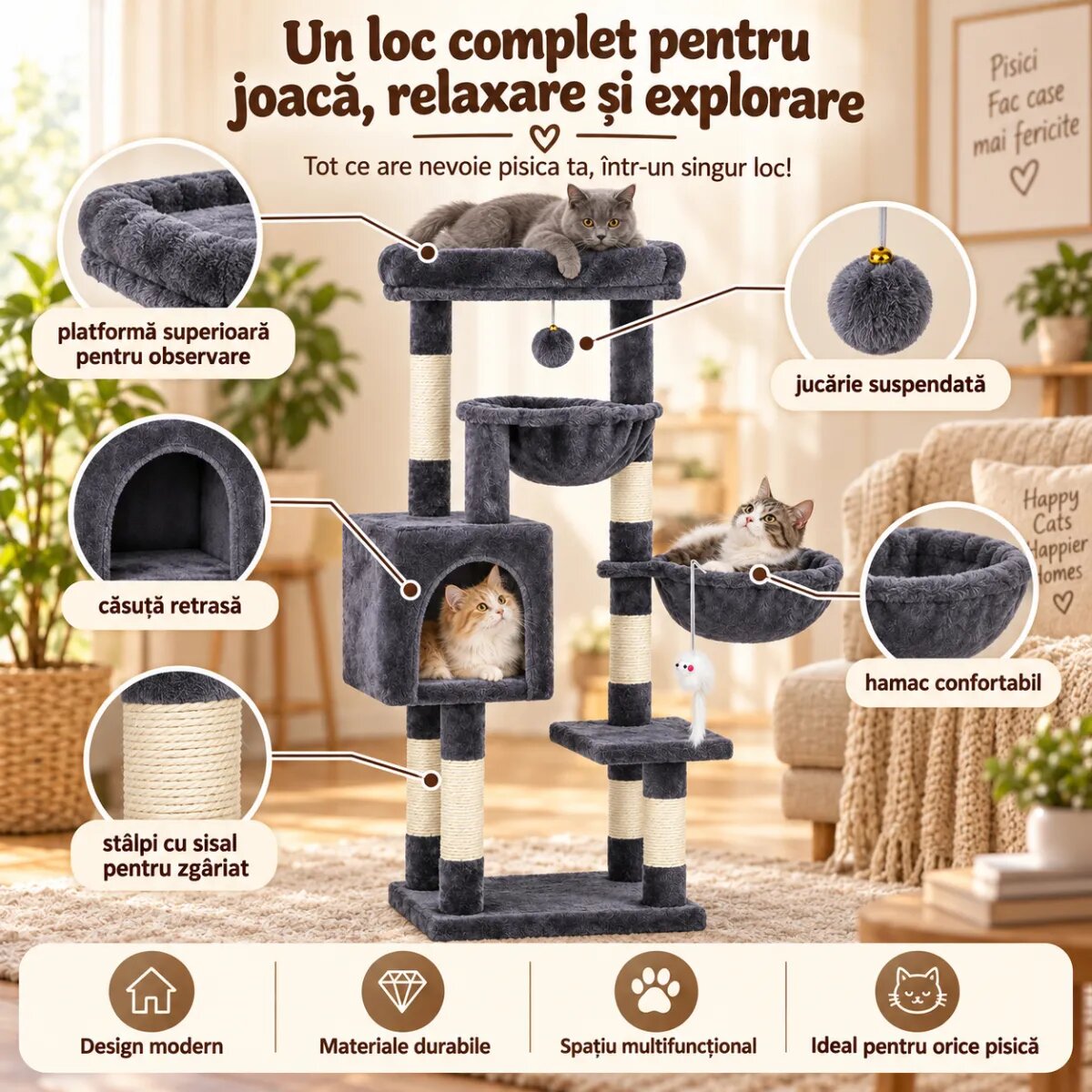 AMYDO Home Aspen ansamblu de joacă pisici 4 etaje 1 căsuța MDF și sisal elemente atârnate elemente hamac bej și antracit 45x32x105cm