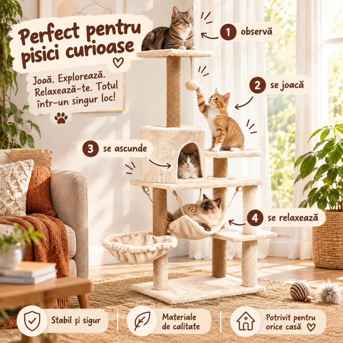 AMYDO Home Como ansamblu de joacă pisici 5 etaje 1 căsuța MDF și sisal elemente atârnate elemente hamac bej 52x37x125cm
