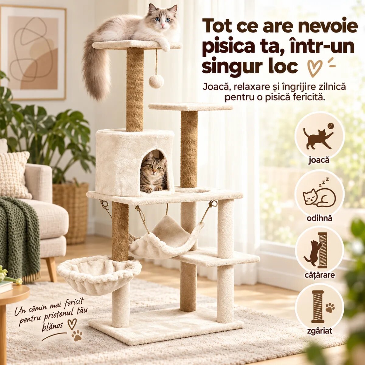 AMYDO Home Como ansamblu de joacă pisici 5 etaje 1 căsuța MDF și sisal elemente atârnate elemente hamac bej 52x37x125cm