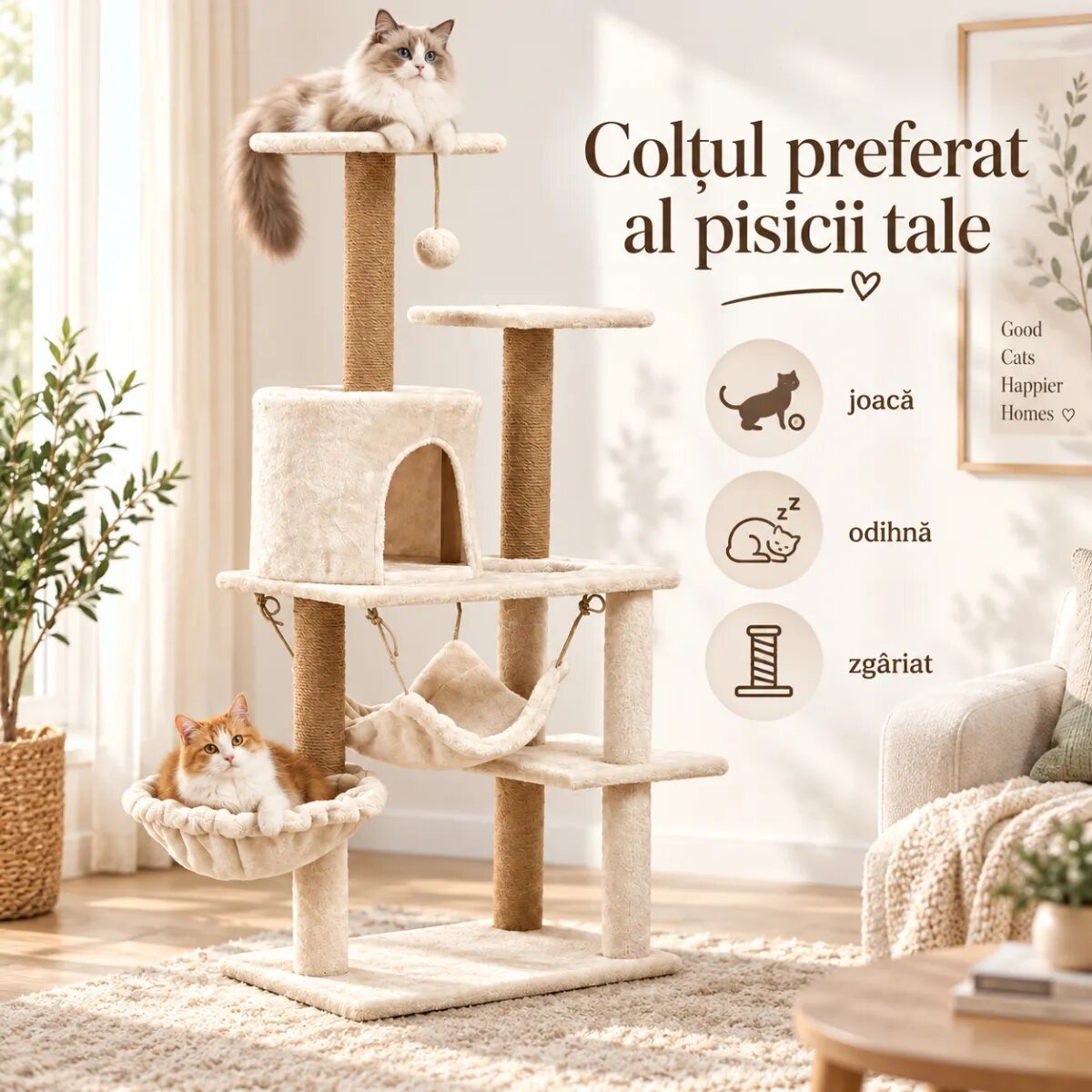 AMYDO Home Como ansamblu de joacă pisici 5 etaje 1 căsuța MDF și sisal elemente atârnate elemente hamac bej 52x37x125cm