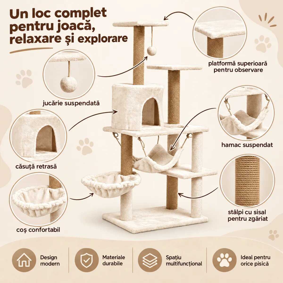 AMYDO Home Como ansamblu de joacă pisici 5 etaje 1 căsuța MDF și sisal elemente atârnate elemente hamac bej 52x37x125cm