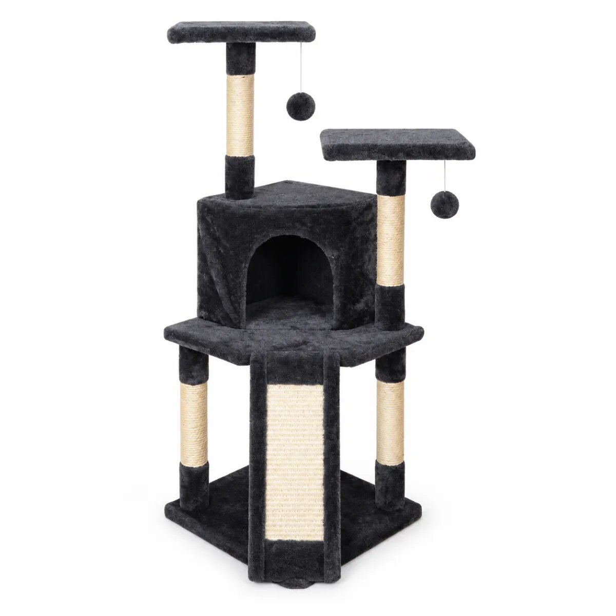 AMYDO Home Kyoto ansamblu de joacă pisici 3 etaje 1 căsuța MDF și sisal elemente atârnate elemente de zgâriat bej și antracit 43x43x102cm