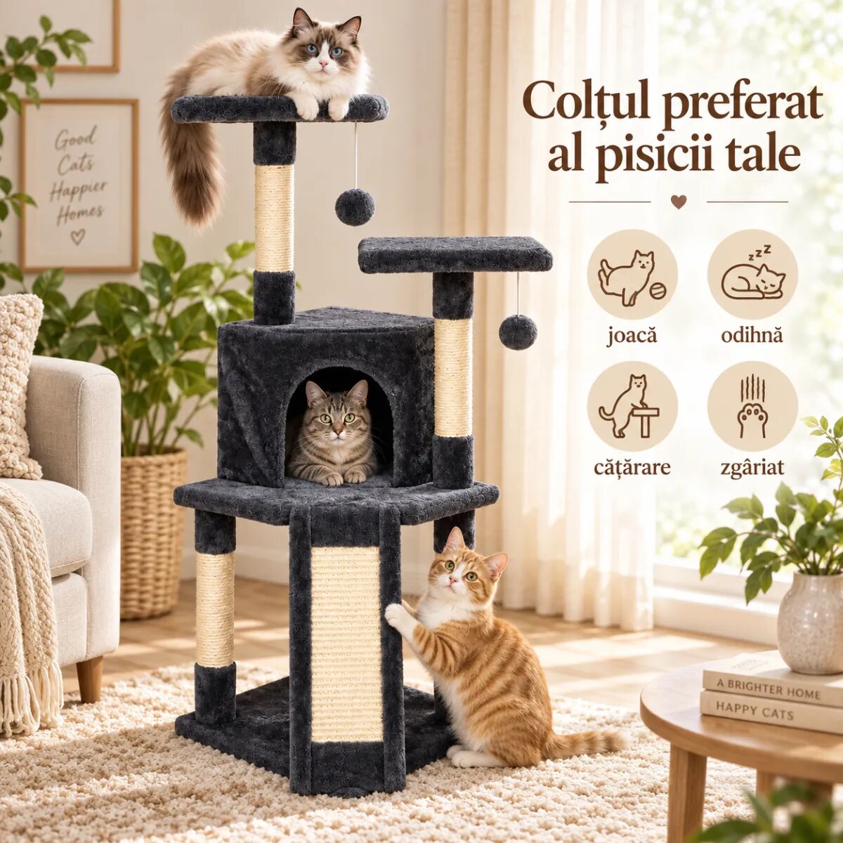 AMYDO Home Kyoto ansamblu de joacă pisici 3 etaje 1 căsuța MDF și sisal elemente atârnate elemente de zgâriat bej și antracit 43x43x102cm