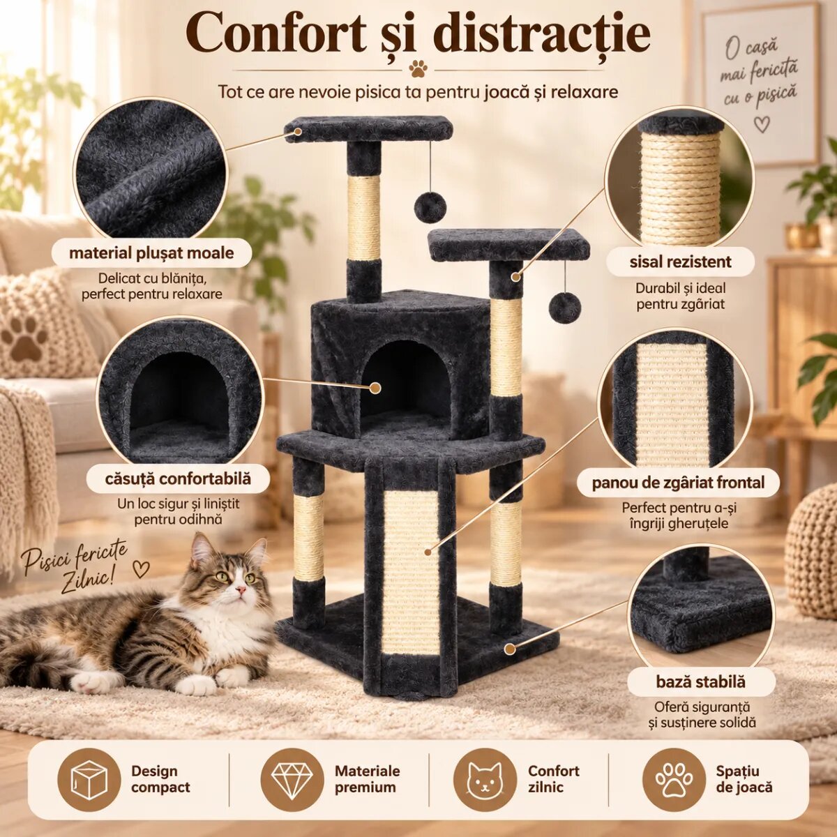 AMYDO Home Kyoto ansamblu de joacă pisici 3 etaje 1 căsuța MDF și sisal elemente atârnate elemente de zgâriat bej și antracit 43x43x102cm