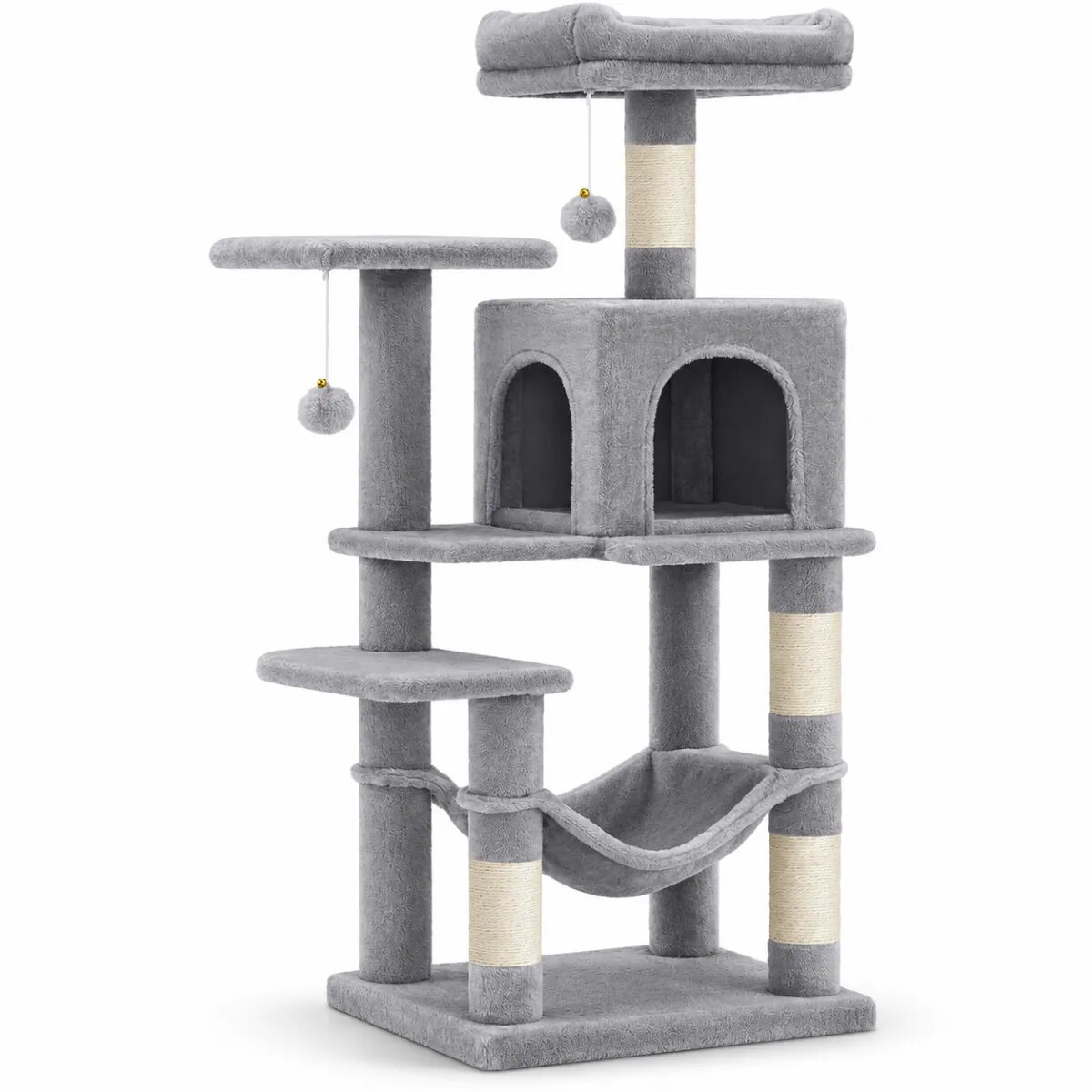 AMYDO Home Luna ansamblu de joacă pisici 5 etaje 1 căsuța MDF și sisal elemente atârnate elemente hamac bej și gri 45x35x112cm