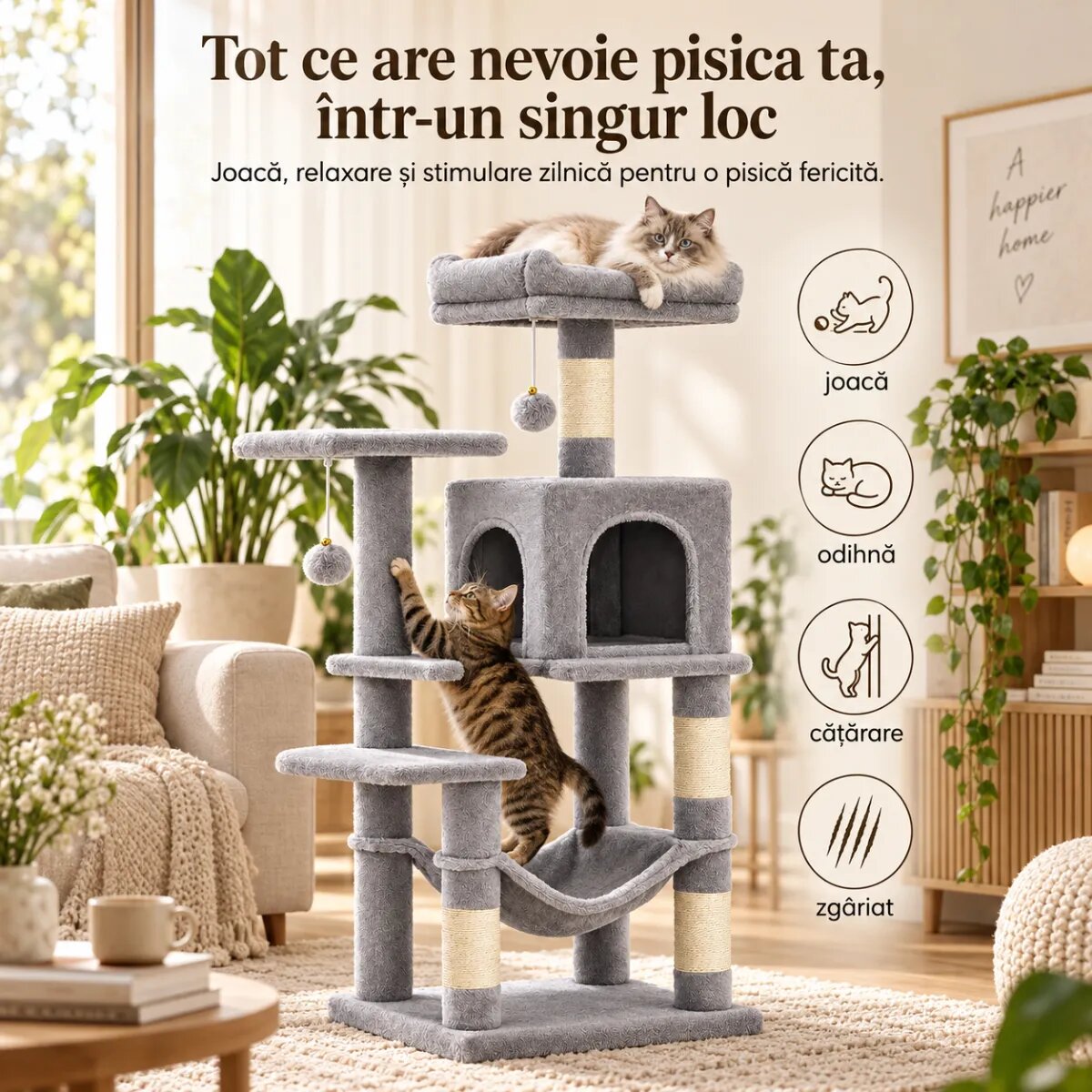 AMYDO Home Luna ansamblu de joacă pisici 5 etaje 1 căsuța MDF și sisal elemente atârnate elemente hamac bej și gri 45x35x112cm