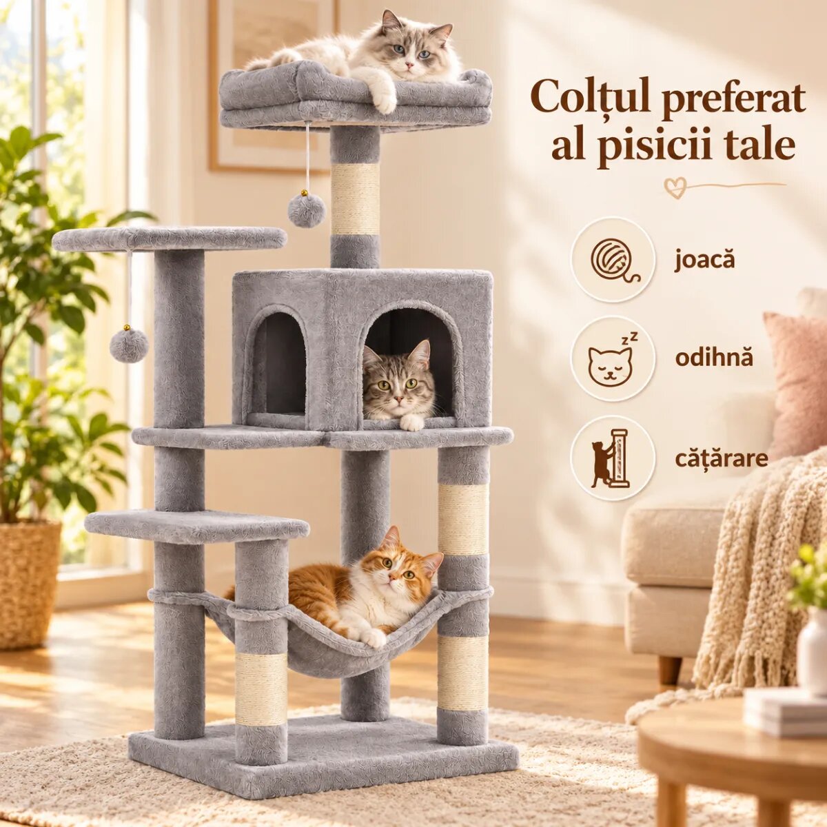 AMYDO Home Luna ansamblu de joacă pisici 5 etaje 1 căsuța MDF și sisal elemente atârnate elemente hamac bej și gri 45x35x112cm
