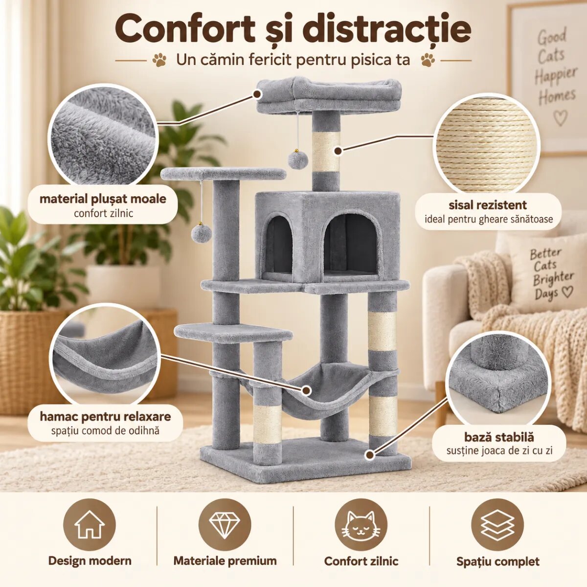 AMYDO Home Luna ansamblu de joacă pisici 5 etaje 1 căsuța MDF și sisal elemente atârnate elemente hamac bej și gri 45x35x112cm