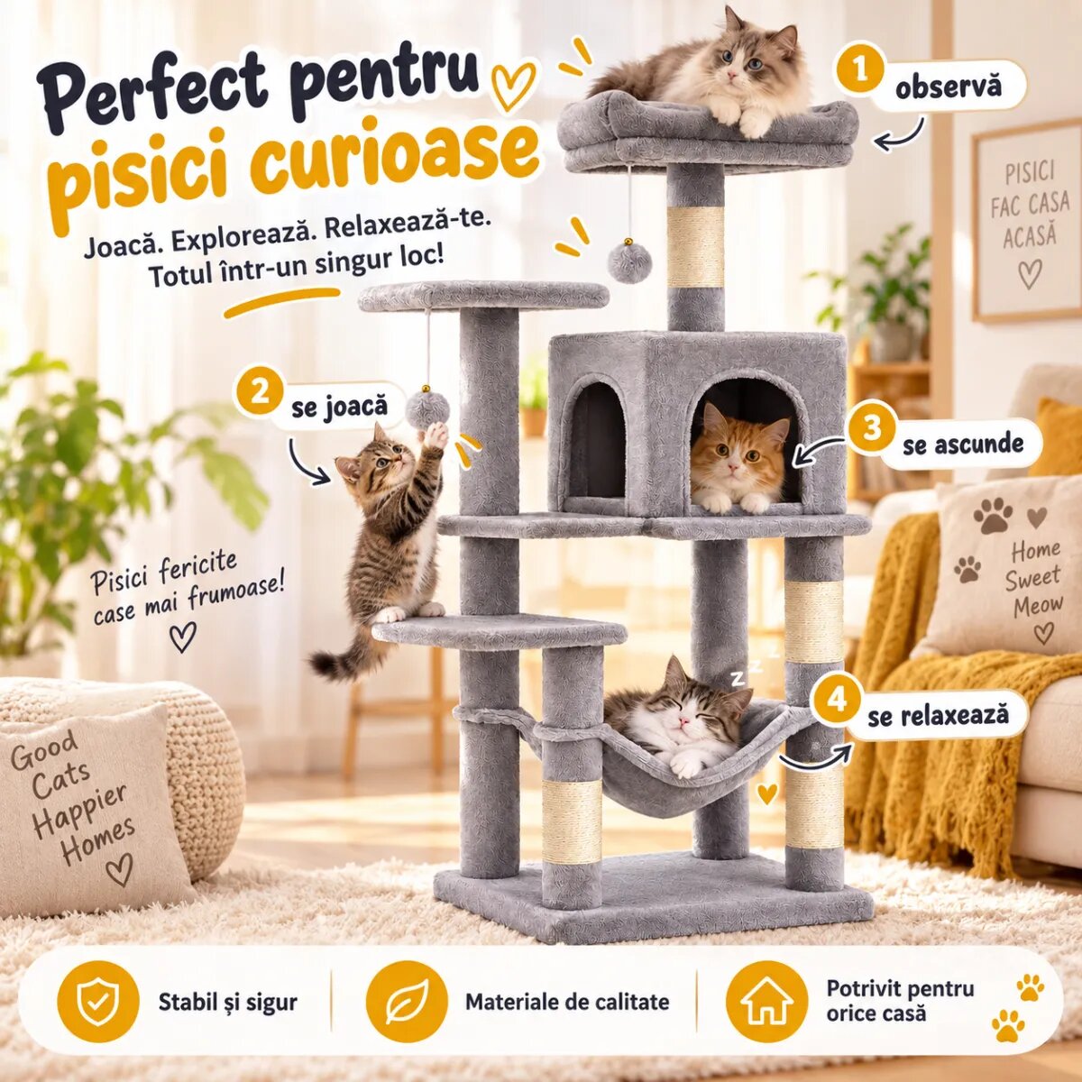 AMYDO Home Luna ansamblu de joacă pisici 5 etaje 1 căsuța MDF și sisal elemente atârnate elemente hamac bej și gri 45x35x112cm