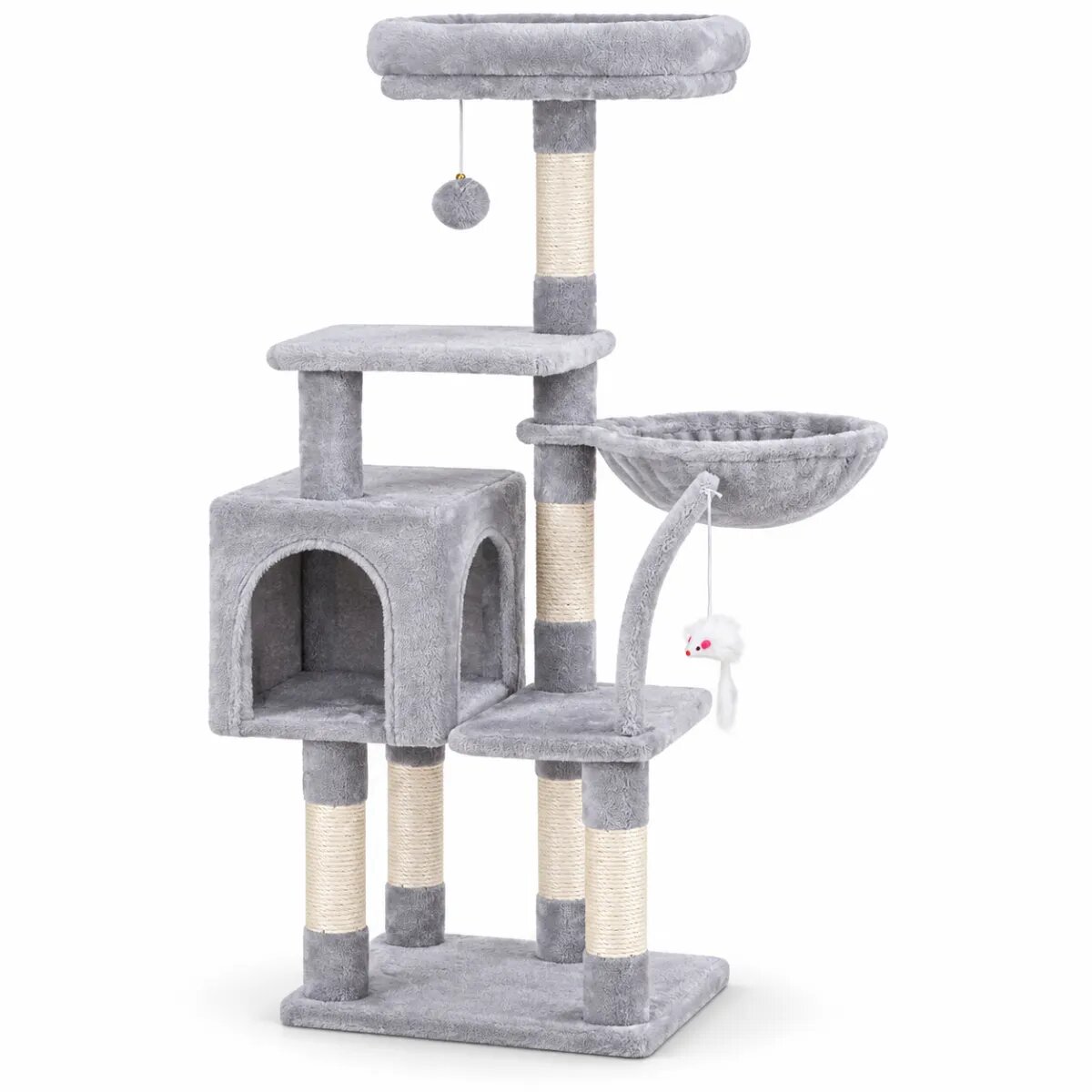 AMYDO Home Milano ansamblu de joacă pisici 4 etaje 1 căsuța MDF și sisal elemente atârnate elemente hamac bej și gri 48x48x130cm