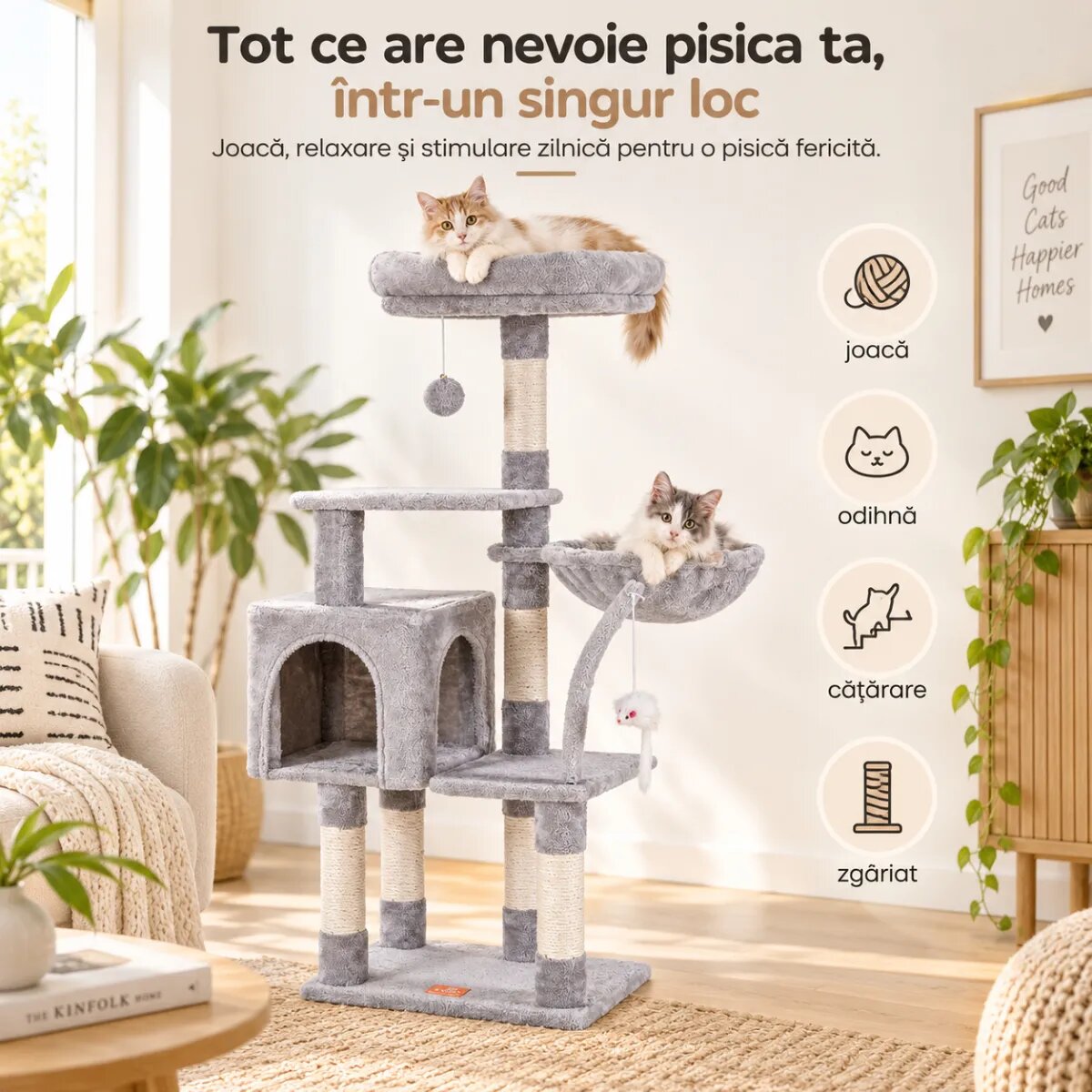 AMYDO Home Milano ansamblu de joacă pisici 4 etaje 1 căsuța MDF și sisal elemente atârnate elemente hamac bej și gri 48x48x130cm