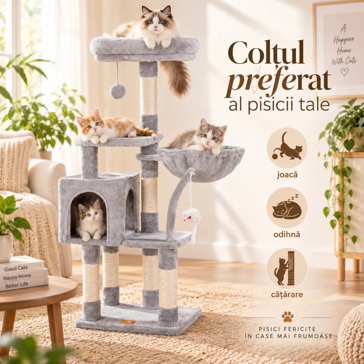 AMYDO Home Milano ansamblu de joacă pisici 4 etaje 1 căsuța MDF și sisal elemente atârnate elemente hamac bej și gri 48x48x130cm