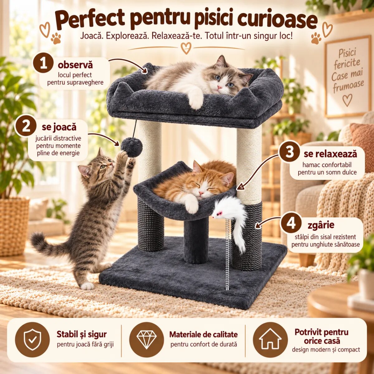 AMYDO Home Milo ansamblu de joacă pisici 2 etaje MDF și sisal elemente atârnate elemente de zgâriat bej și antracit 40x40x50cm