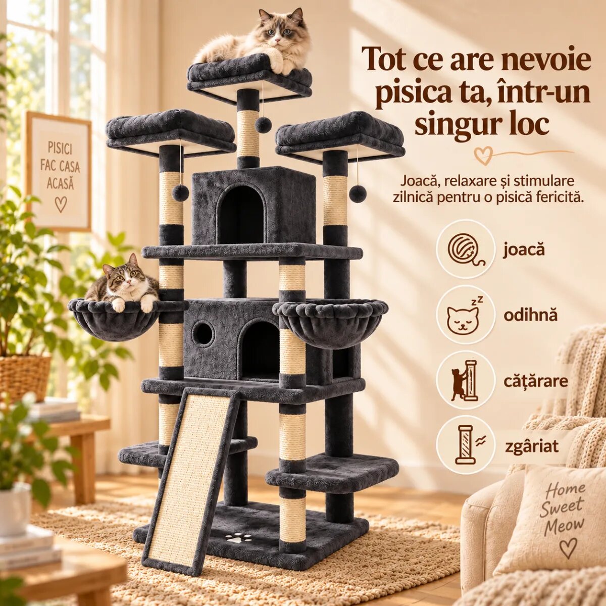 AMYDO Home Monaco ansamblu de joacă pisici 5 etaje 2 căsuțe MDF și sisal elemente atârnate elemente hamac bej și antracit 60x50x173cm