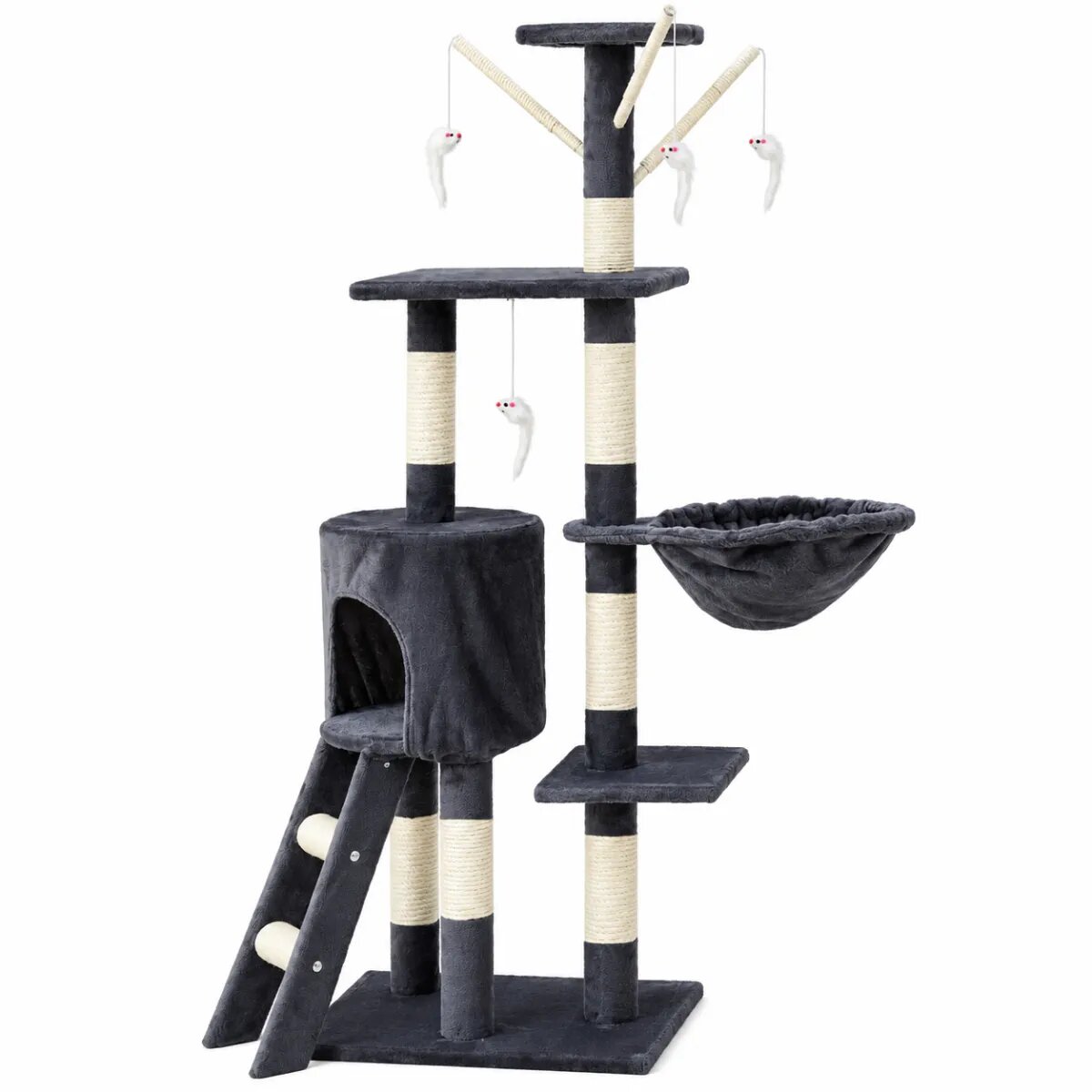 AMYDO Home Oslo ansamblu de joacă pisici 5 etaje 1 căsuța MDF și sisal elemente atârnate elemente hamac bej și antracit 53x38x125cm