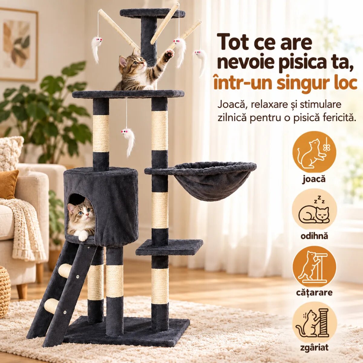 AMYDO Home Oslo ansamblu de joacă pisici 5 etaje 1 căsuța MDF și sisal elemente atârnate elemente hamac bej și antracit 53x38x125cm