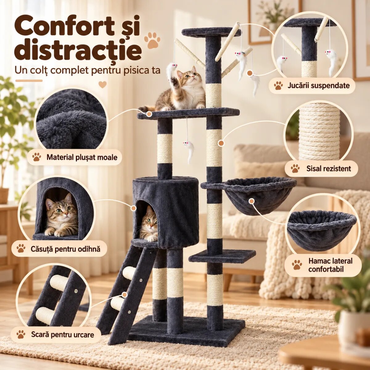 AMYDO Home Oslo ansamblu de joacă pisici 5 etaje 1 căsuța MDF și sisal elemente atârnate elemente hamac bej și antracit 53x38x125cm