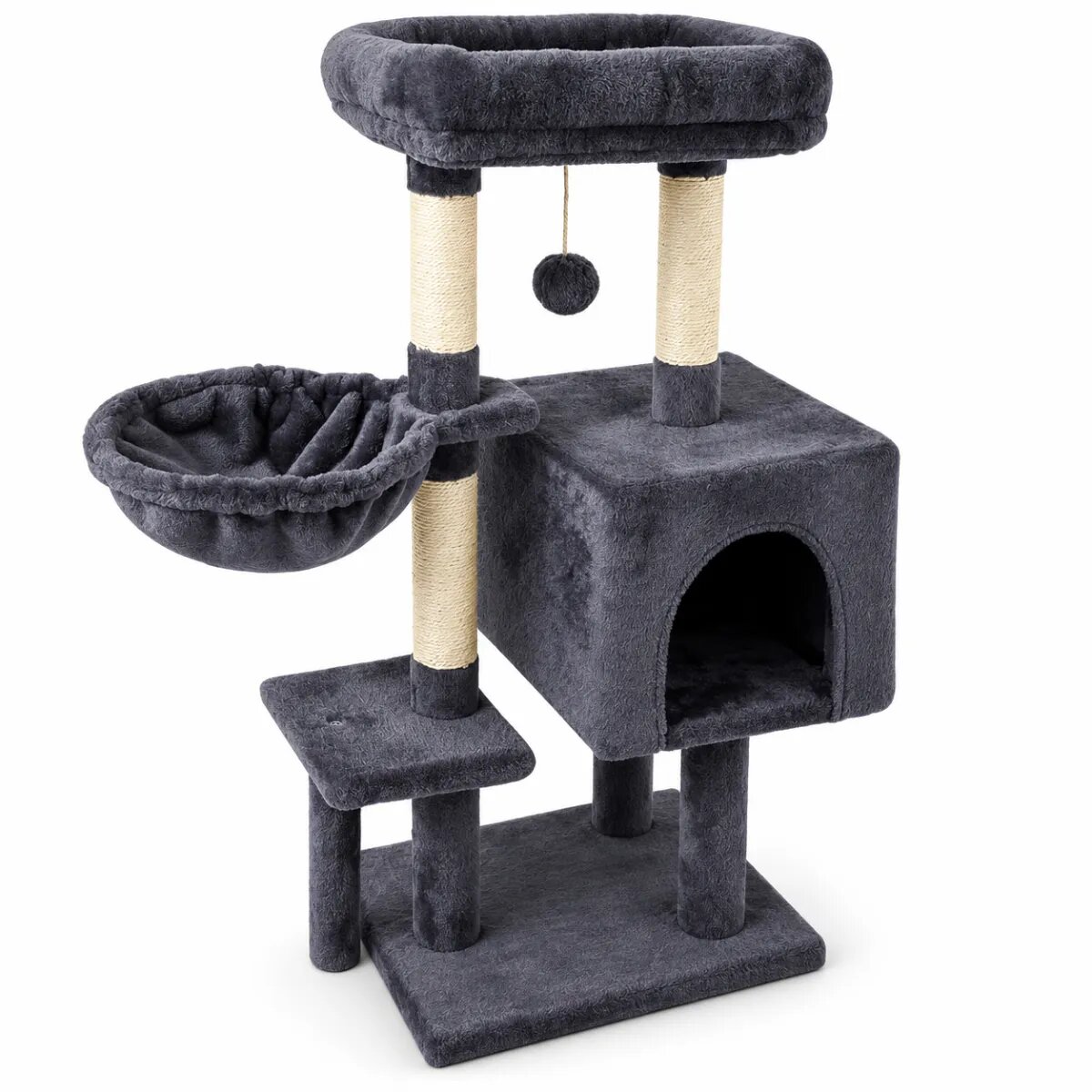 AMYDO Home Soho ansamblu de joacă pisici 4 etaje 1 căsuța MDF și sisal elemente atârnate elemente hamac bej și antracit 48x33x89cm