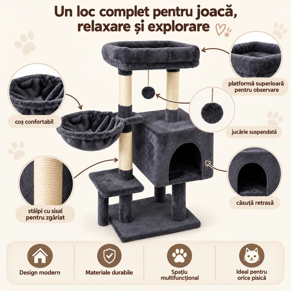 AMYDO Home Soho ansamblu de joacă pisici 4 etaje 1 căsuța MDF și sisal elemente atârnate elemente hamac bej și antracit 48x33x89cm